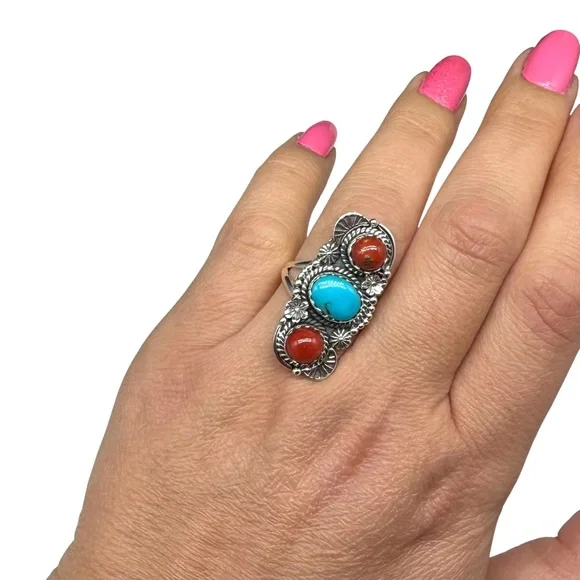 Kingman Turquoise Italian Red Coral Ring Size 7 Solid 925 Sterling Silver - Picture 3 of 7